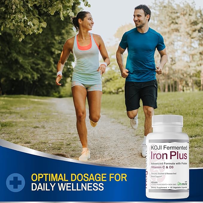 Koji Fermented Iron Plus - Iron Supplement with Vitamin C Vitamin D3 and Folate for Blood Support Easily Absorbed and Bioavailable Stomach Friendly Vegan Non-GMO - 60 Capsules