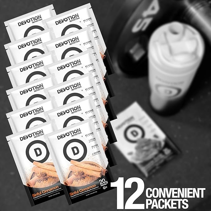 Devotion Nutrition Protein Powder Blend | Gluten Free Keto Friendly No Added Sugars | 1g MCT | 20g Whey &amp Micellar Protein | 12 Count Packets (Sinful Cinnamon)