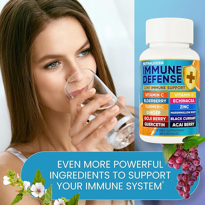 12 in 1 Immune Defense Vitamins - Immune Support Supplement w/VIT D3 Vitamin С Zinс Echinacea Elderberry Ginger &ampMore - Natural Immunity System Booster - Immune &amp Muscle Health 120cs