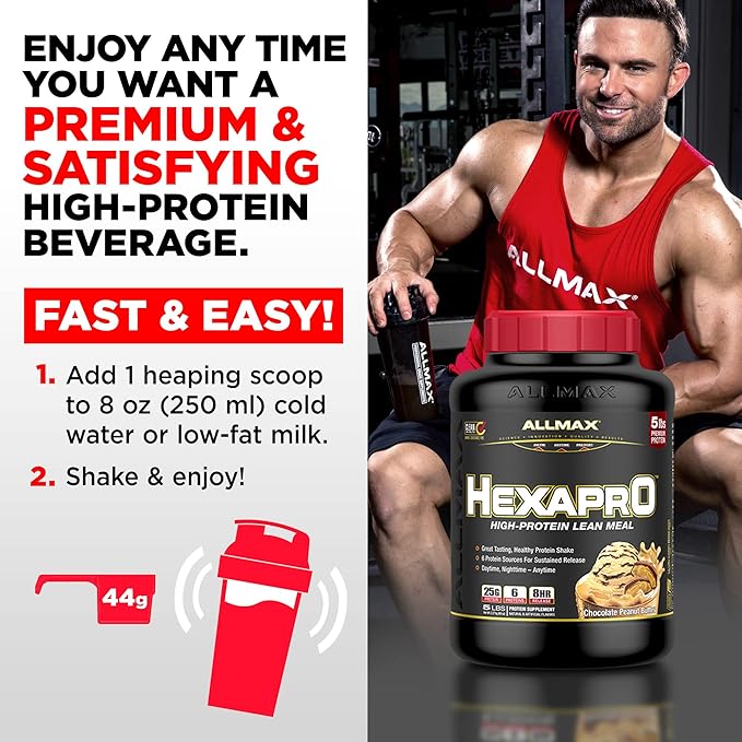 ALLMAX HEXAPRO Chocolate - 5 lb - 25 Grams of Protein Per Serving - 8-Hour Sustained Release - Zero Sugar - 52 Servings