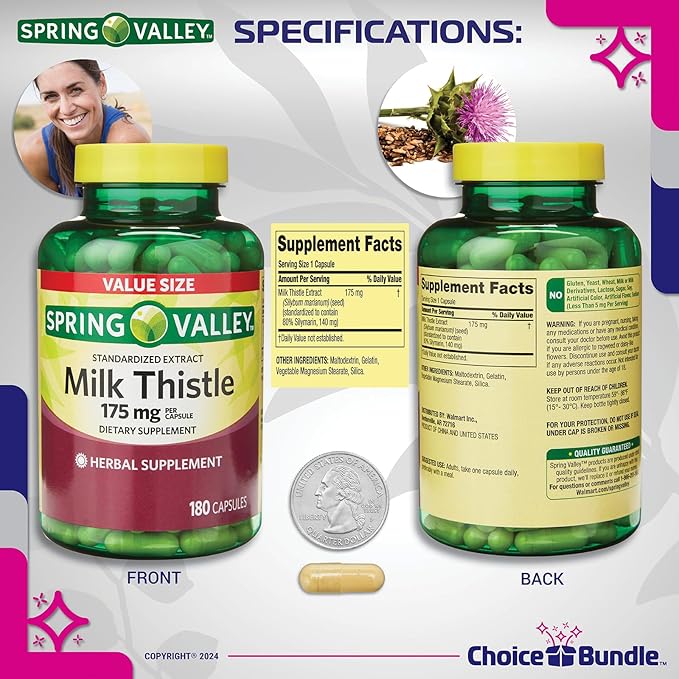 CHOICE BUNDLE Spring Valley Standardized Extract Milk Thistle Dietary Supplement Capsules 175 mg 180 Ct 2 pk (360 Total) + Vitamin Guide and Pill Container (4 Items)!