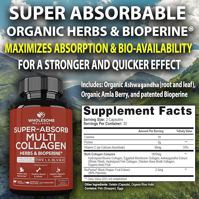 Wholesome Wellness Super-Absorb Multi Collagen Pills (Type I II III V X) Organic Herbs and Bioperine + Dr. Formulated Raw Probiotics for Women 100 Billion CFUs with Prebiotics Bundle