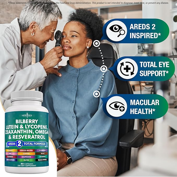 NEW AGE Eye Health Vitamins with Bilberry 300mg Lutein &amp Zeaxanthin 40mg Lycopene 40mg Resveratrol 100mg Grape Seed Extract 200mg Astaxanthin - Eye Vitamin -120 Count
