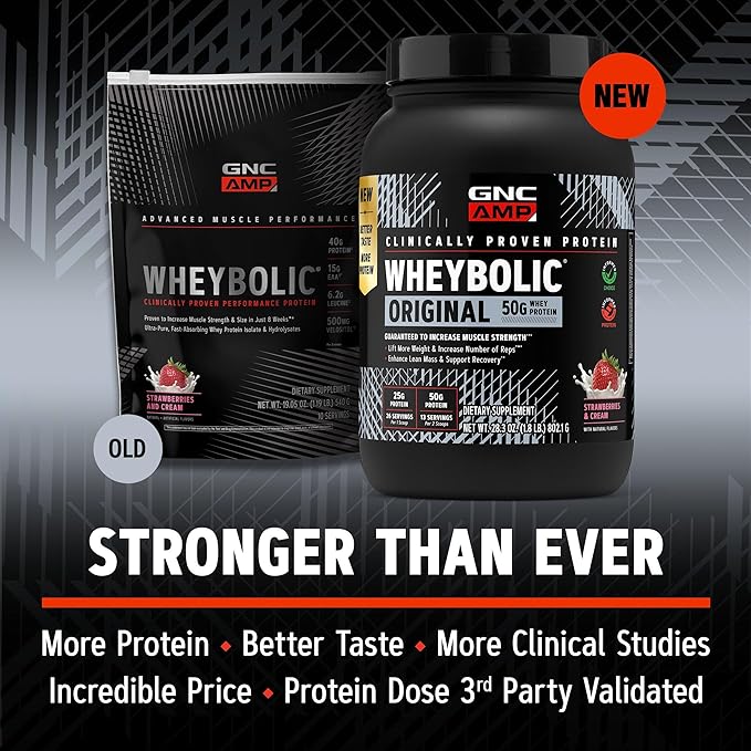 GNC AMP Wheybolic Clinically Proven Protein Powder 50g Whey Protein BCAA Leucine Increases Muscle Strength Muscle Building 3rd Party Tested Gluten Free Strawberries &amp Cream 13 Servings