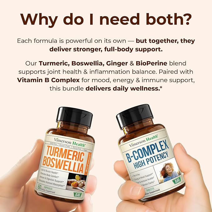 Boswellia Turmeric Curcumin Supplement + Vitamin B Complex with Vitamin B12 Niacin Vitamin B2 Vitamin B6 Bundle – Supports Joint Health &amp Aids Mood Energy – with Ginger Root Organic Turmeric