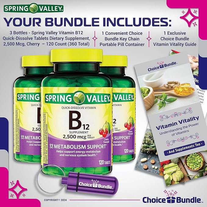 Spring Valley Vitamin B12 Quick Dissolve Tablets 2500 Mcg B Vitamins Complex 120 Ct 3 pk (360 Total) + Vitamin Vitality &amp Pill Container (5 Items)!