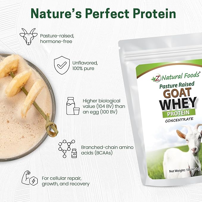 Z Natural Foods Goat Whey Protein Powder Concentrate - Undenatured Unflavored Pasture Raised Whey - Clean Goat Protein Powder with Vital Proteins for Weight Management Immune Support Fitness 1 lb