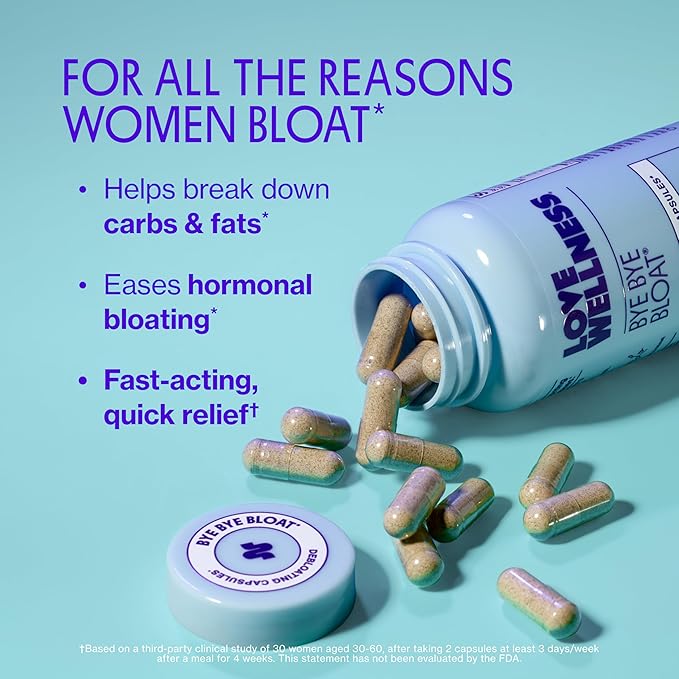 Love Wellness Bye Bye Bloat | Digestive Enzymes for Fast Acting Bloating Relief for Women | Helps Reduce Water Retention &amp Gas Relief | Supports Digestive Health with Fenugreek &amp Dandelion | 6