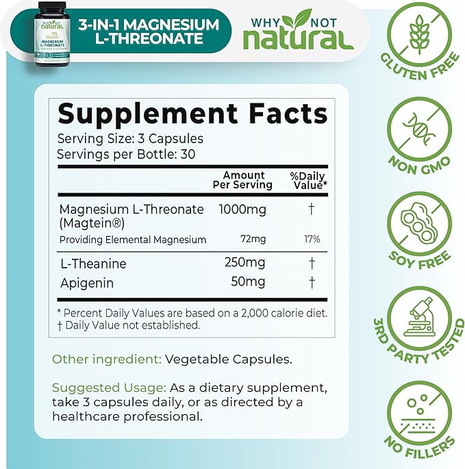 Magnesium L-Threonate Complex with Apigenin and L-theanine 90 Capsules Patented Magtein Supplement
