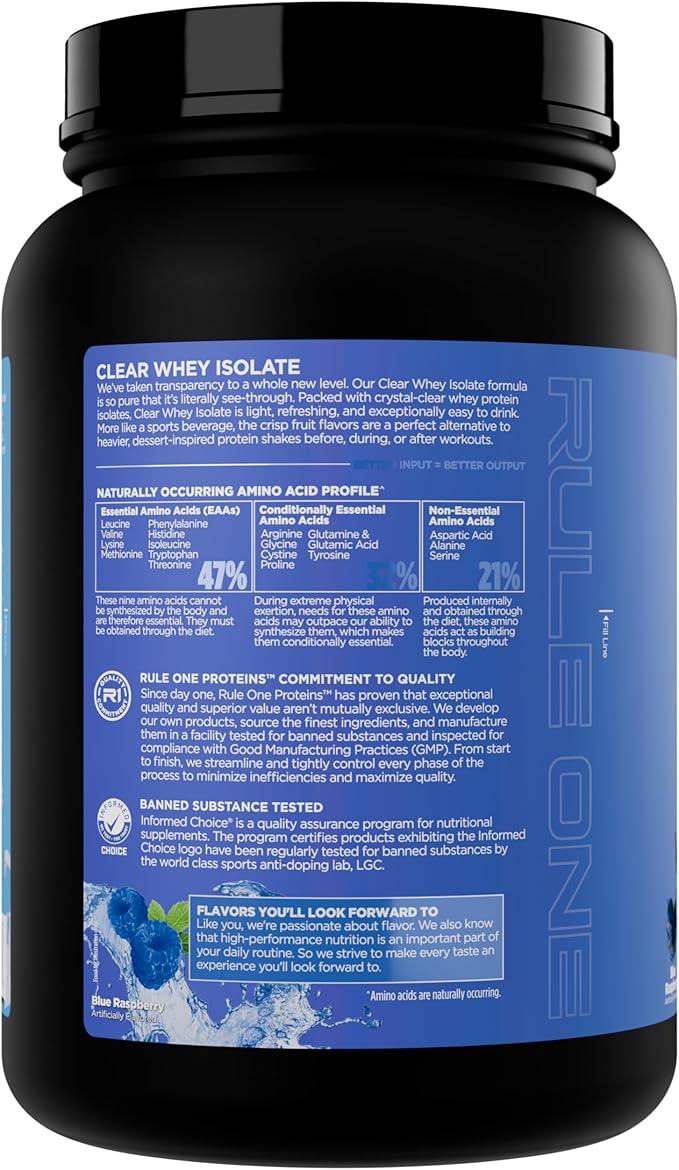 Rule 1 Clear Whey Isolate - 20g All-Whey Isolate Protein Mix Over 9g EAAs 90 Calories Zero Sugar Easy to Digest Light Crisp and Refreshing Taste (27 Servings Blue Raspberry)