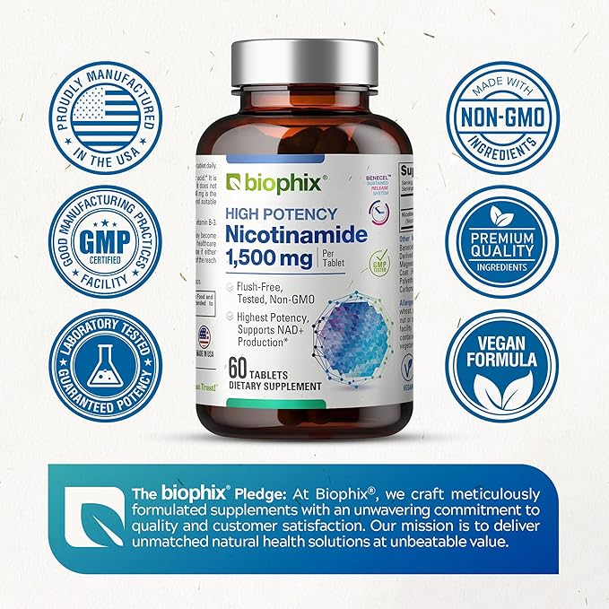 biophix B-3 Nicotinamide 1500 mg 60 Tablets Maximum Strength - Nicotinic Amide Niacin Natural Flush-Free Vitamin Formula - Supports Skin Cell Health