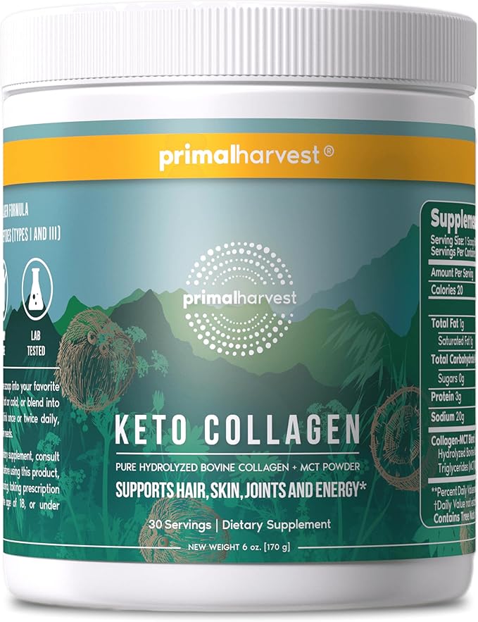 Primal Harvest Keto Collagen Powder with MCT Oil Hydrolyzed Collagen Peptides 10 oz Unflavored Paleo &amp Keto Friendly Protein Supplement