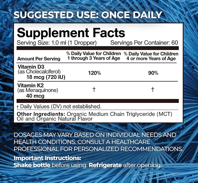 USDA Organic Vitamin D3 K2 Liquid Drops | Vitamin D3 K2 Supplement for Kids &amp Toddlers Ages 1+ | Kids Supplement for Calcium Absorption Strong Bones | Vegan Non-GMO | 2 Fl Oz