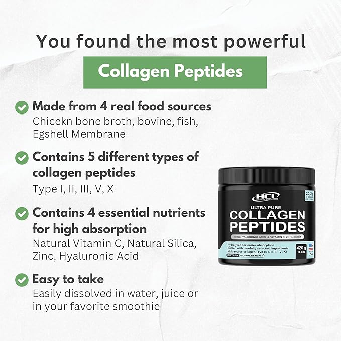 Collagen Peptides Powder with Vitamin C &amp Hyaluronic Acid - from Organic Cleanest Sources &amp Super High Absorption - Hydrolyzed Multi Type I II III V X - Skin Hair Supplement Made in USA