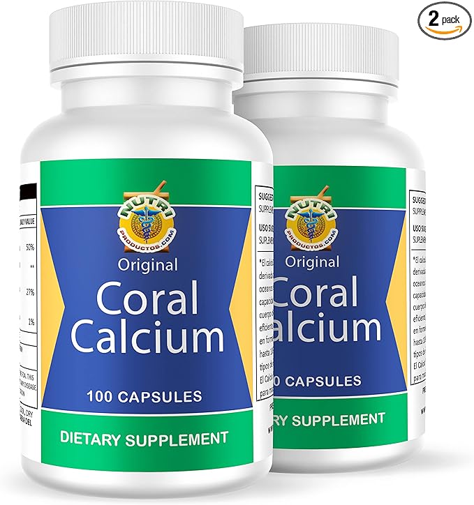 Calcio de Coral Set de 2 frascos con 100 capsulas CADA uno. Reforzado con Vitamina D y Magnesio.Combate: Cansancio Dolor de huesos insomnio Calambres Artritis. 100% Natural.