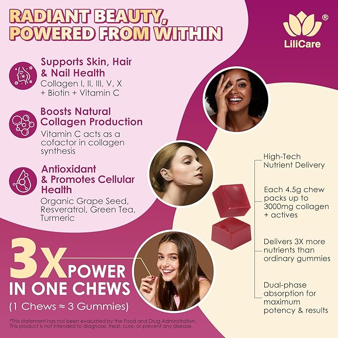 Collagen Gummies + Biotin Soft Chews 3000mg for Women &amp Men Ultra Hydrolyzed Collagen Peptides Boosting Type IIIIIIVX Vitamin C E Anti-Aging Formula for Hair Skin &amp Nails DigestionB