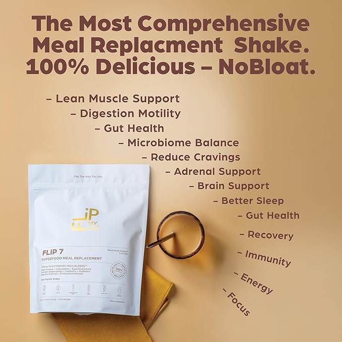 Flip My Life Flip 7 Natural SuperFood Plant-Based Protein Complete Meal Replacement to Support Healthy Gut 7 Mega Nutrient Rich Blends all in one to AGE BETTER - Vanilla