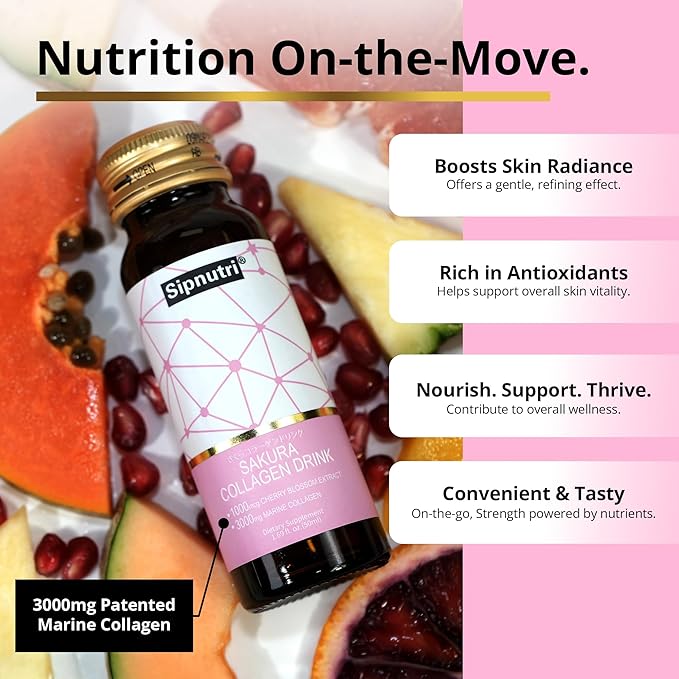 Sakura Collagen Drink - 3000mg Marine Peptides Liquid Shot for Women and Men Hydrolyzed with Cherry Blossom &amp Mangosteen Extract Supports Skin Hydration Hair &amp Nail Health – 1.69 fl oz x10