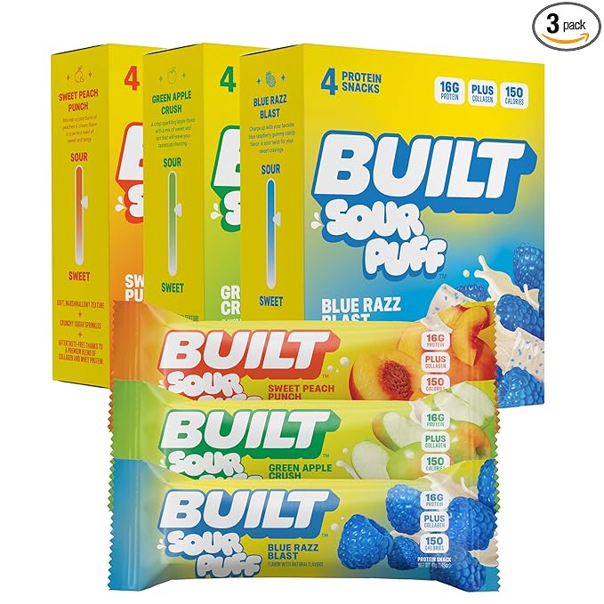 BUILT Bar Sour Puff Protein Bars - Variety Pack - 16g Protein Snack Bars with Collagen - Calorie Conscious &amp Gluten Free - 12 Count