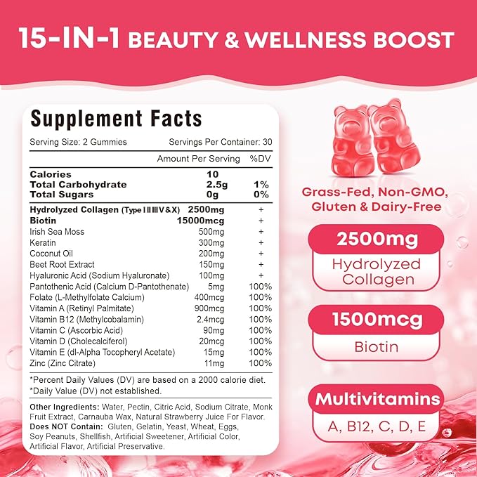 2 Pack Sugar Free Collagen Gummies for Women &amp Men | Hydrolyzed Collagen Peptides for Hair Skin &amp Nails | MultiCollagen Protein Type I II III V X with Biotin &amp Vitamin C | Strawberry Flavo