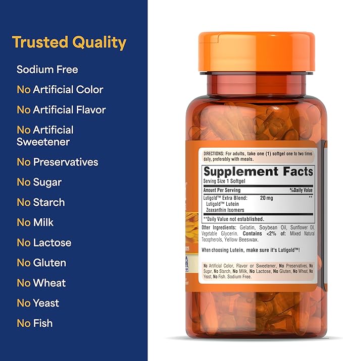 Puritan's Pride Premium Healthy Eyes Lutigold™ Extra Lutein with Meso-Zeaxanthin and Zeaxanthin for Men and Women Vision Health Support 2 Month Supply 60 Easy-to-Swallow Rapid Release Softgels
