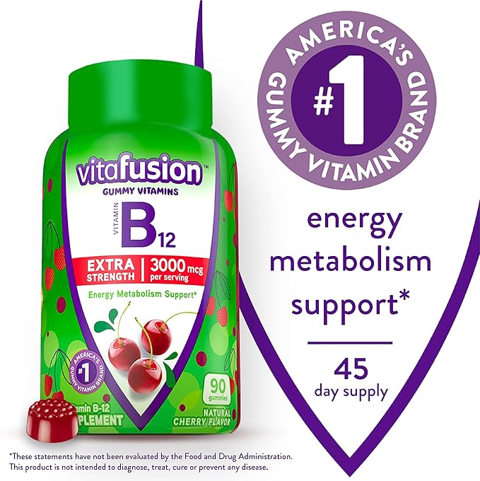 Vitafusion Melatonin 140 Count and Vitamin B12 Gummy Vitamins 90 Count Cherry Flavor for Energy Metabolism and Nervous System Support