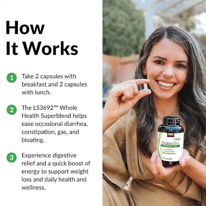 Force Factor ProbioSlim + Prebiotic Fiber Weight Loss Supplement for Women and Men Probiotic and Prebiotic Digestive Health Support with Green Tea Extract and Psyllium Husk Fiber 120 Capsules