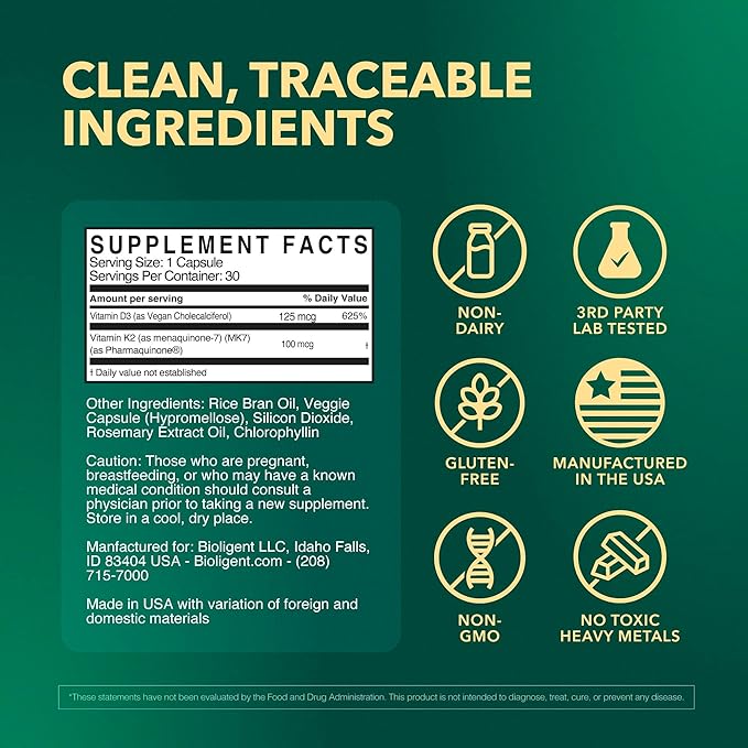 Vitamin D3 K2 Supplement 5000 IU K2 D3 Vitamin Capsules Vegan Non-GMO Gluten Free 30 Capsules 30 Day Supply