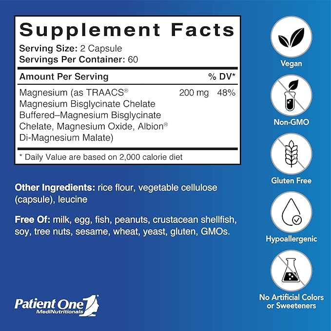 Patient One Magnesium Glycinate 200mg | Supplement to Support Energy Levels and Muscle and Heart Health* | Absorbable and Gentle Formula | 120 Capsules