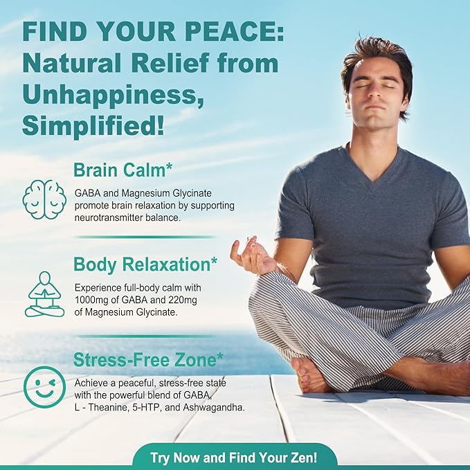 GABA Supplement - 1000 mg Liposomal Form for Optimal AbsorptionGABA with L-Theanine Magnesium Glycinate 5HTP Vitamin D3 for Brain Calm Mood Zzz Better - Melatonin-Free 120 Softgels.