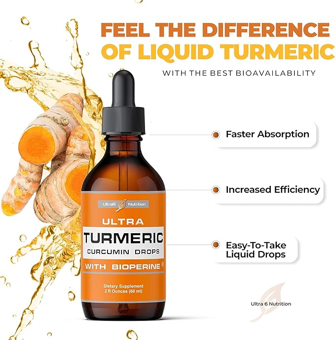 Ultra6 Nutrition Liquid Turmeric Curcumin Extract with Black Pepper - Turmeric Drops with Bioperine - Easy-to-Take Supplements Made in USA (60ml)