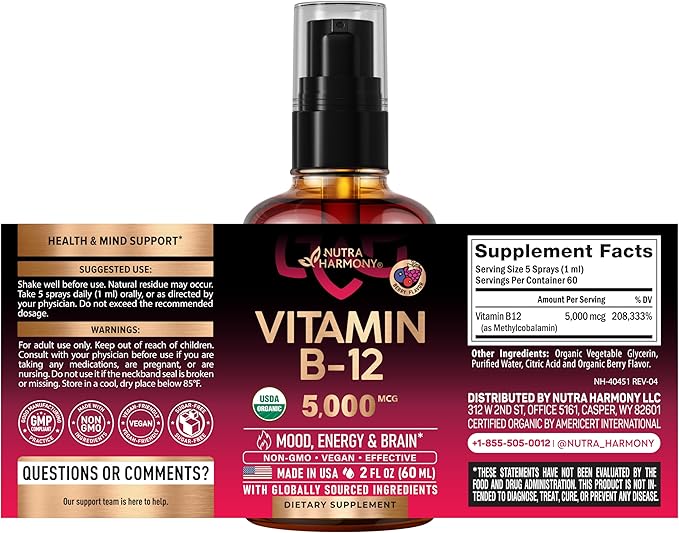 USDA Organic Vitamin B12 Sublingual Spray - 5000 mcg Liquid Vegan Methylcobalamin for Women &amp Men - Energy Boost Focus &amp Mood Brain Health Support - Maximize Absorption - 2 Month Supply 2 f