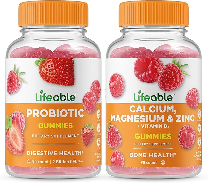 Lifeable Probiotic 2 Billion CFU + Calcium Magnesium Zinc &amp Vitamin D Gummies Bundle - Great Tasting Vitamin Supplement Gluten Free GMO Free Chewable Gummy