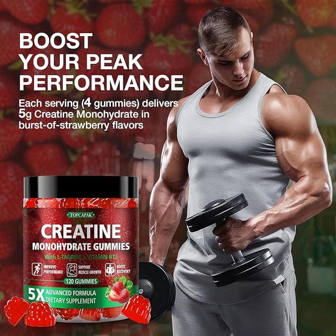 Creatine Gummies for Men &amp Women - Chewable Creatine Monohydrate Gummies with Taurine &amp Vitamin B12 5g Creatine per Serving Vegan Strawberry Flavor 120 Count