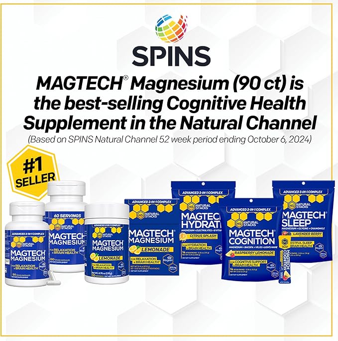 Magtech Magnesium Capsules + Hydration Creatine Powder Lemon Lime Bundle - 3 Forms of Magnesium - Featuring Magtein L-Threonate - Brain Health &amp Hydration Support* - 74 Total Servings