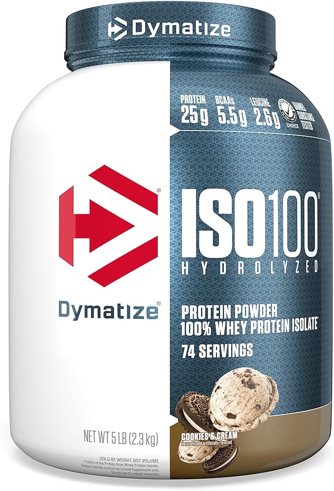 Dymatize ISO100 Whey Protein Powder Isolate Cookies &amp Cream 25g of Protein 5 Pound 5.5g BCAAs Less Than 120 Cal. Gluten Free 1g Fat 1g Sugar 2g Carb (74 Servings)