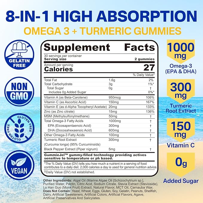 Vegan Omega-3 Gummies 1000mg + Turmeric - Omega 3 Fish Oil Alternative for Adults - Algae DHA 600mg &amp EPA 300mg Vitamins A C E Zinc &amp MSM Sugar Free 60 Cts