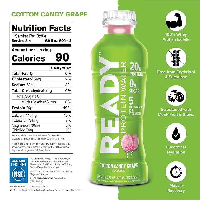Ready® Clear Protein Water – 20g Whey Protein Isolate Zero Sugar Low-Calorie Sports Drink for Hydration &amp Recovery – Electrolytes Essential Amino Acids – Cotton Candy Grape 16.9 fl oz Bottles