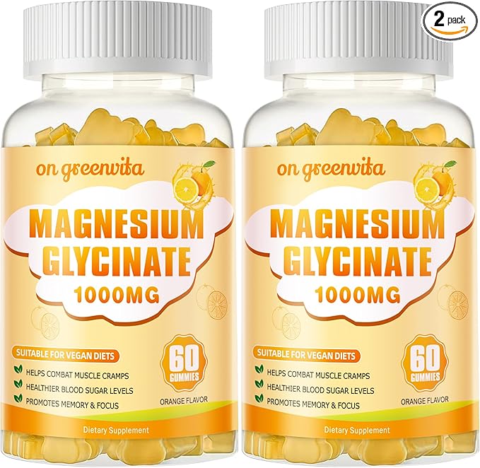 Magnesium Glycinate Gummies 1000mg - Sugar Free Magnesium Potassium Supplement with Vitamin D B6 CoQ10 for Calm Mood &amp Sleep Support - 120 Orange Gummies 2 Pack