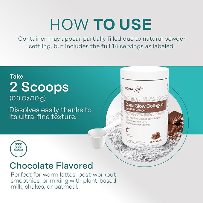 Collagen Peptides - Type I &amp III - Premium Hydrolyzed Collagen Powder - with Digestive Enzymes &amp Probiotics - High Dosis of Collagen &amp Protein - 14 Servings - BonaGlow Chocolate