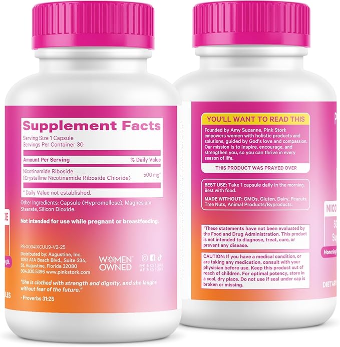 Pink Stork NAD+ Supplement for Women | 500mg Nicotinamide Riboside NR | Clinically-Studied Pure NMN Powder | Brain + Cognitive Support |Energy Skin Essentials Over 30 | 1 Month Supply