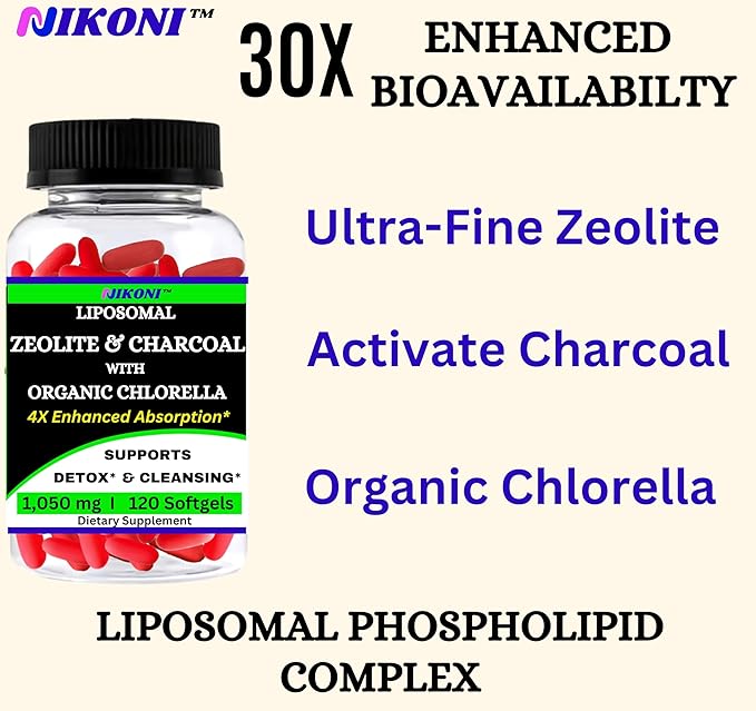 Nikoni Liposomal Zeolite Activated Charcoal &amp Organic Chlorella Supports Full Body Detox (480 Softgels)