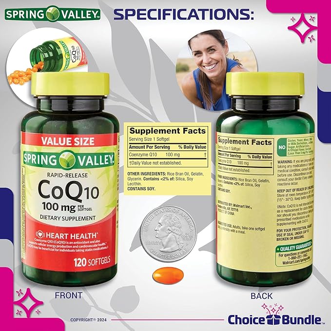 Choice Bundle Spring Valley Rapid-Release CoQ10 Coenzyme Q10 100 mg Softgels 120 CT 2 pk (240 Total) + Vitamin Guide &amp Pill Container (4 Items)!