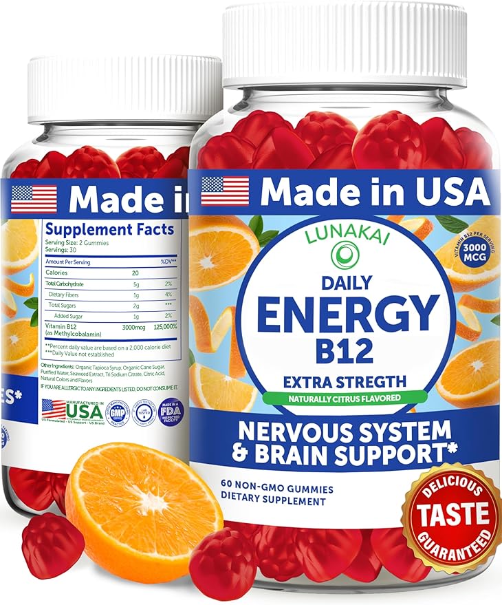 Lunakai USA Made Vegan Energy Gummies – Daily Energy Supplements – 3000mcg Vitamin B12 Gummies for Women &amp Men – for Home or On‑the‑Go Use 60ct