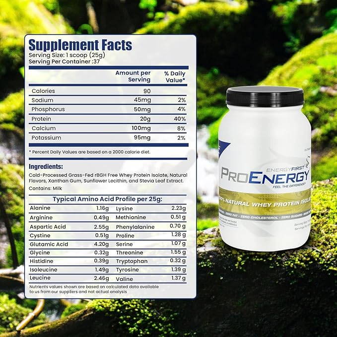 EnergyFirst Vanilla Whey Protein Isolate - Grass Pasture Fed Zero Lactose Gluten-Free All-Natural Sugar-Free Shake for Keto &amp Recovery 2lb