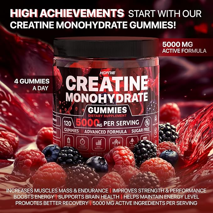 Creatine Monohydrate Gummies 5000 mg – Vegan Sugar-Free Pre Workout Creatine for Men &amp Women – Raspberry &amp BlackBerry Flavored Chewable Creatine Monohydrate 120 Gummies (30-Day Supply)