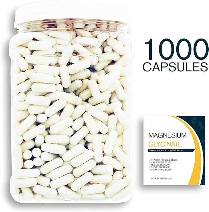 Magnesium Glycinate - 1000CT 400 mg Pure Mg2+ per Serving complexed with Glycine for Maximal Absorption in a Clear Square Grip Jar