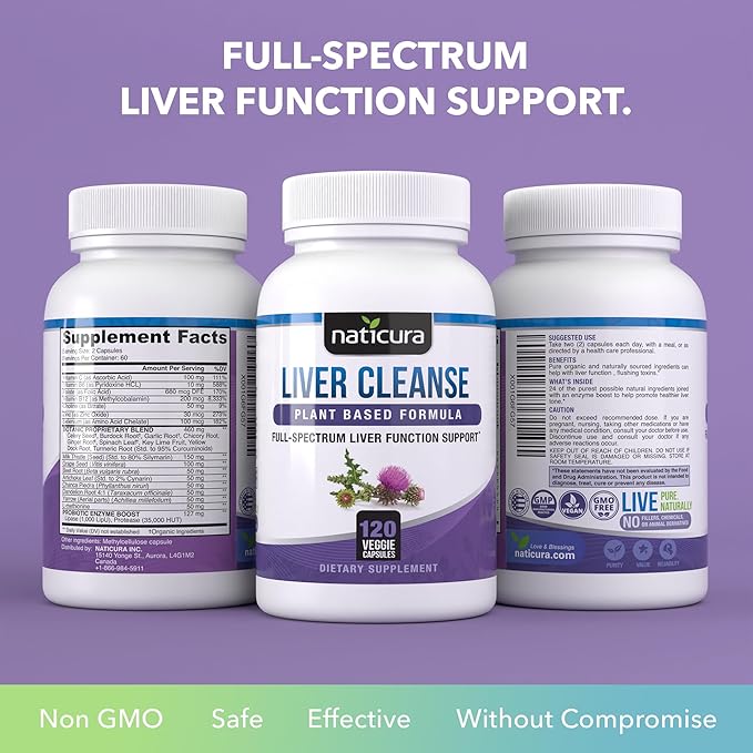 Liver Cleanse Plant-Based Formula - Vegan Full Spectrum Supplement with Milk Thistle Vitamin C and Zinc for Liver Function and Immune Support - 120 Capsules - No Fillers or GMO - Made in USA