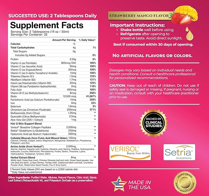 Tropical Oasis Women's Liquid Multivitamin + Hair Growth | Clinically Tested for Thicker Hair Wrinkles Brighter Skin Strong Nails | 2.5g Verisol Collagen | Biotin 12500mcg | 32 Serv