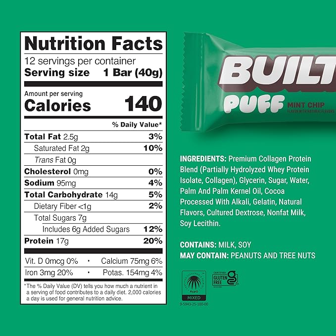 BUILT Bar Puff Protein Bars - Mint Chip - 17g Protein Snack Bars with Collagen - Calorie Conscious &amp Gluten Free - 12 Count